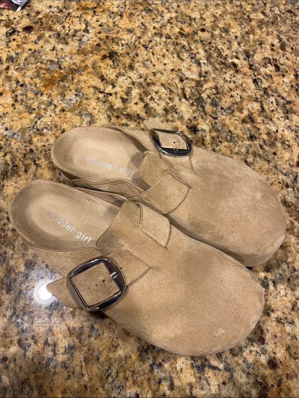 Madden Girl Women's Suede Buckle Clogs in Tan